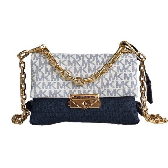 Michael Korssloan Chain Leather Shoulder Bag Blue - Picture 1 of 10